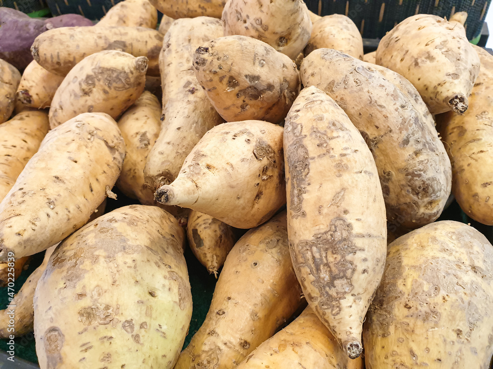 close up of lots of raw sweet potatoes