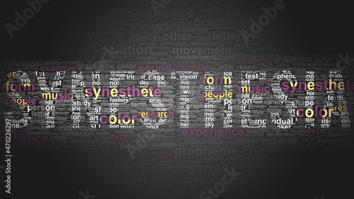 Synesthesia - essential subjects and terms related to Synesthesia arranged by importance in a 2-color word cloud poster. Reveal primary and peripheral concepts related to Synesthesia, 3d illustration