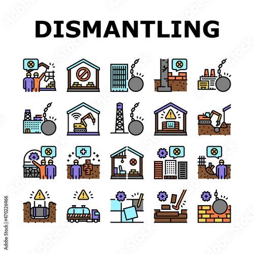 Dismantling Construction Process Icons Set Vector. Tile And Wood Floor Dismantling, Building And House, Tower And Factory Demolition Line. Hazardous Waste Transportation Color Illustrations