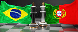 Brazil Portugal summit, meeting or aliance between those two countries that aims at solving political issues, symbolized by a chess game with national flags, 3d illustration