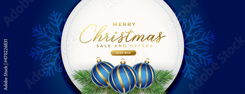 realistic navy blue merry christmas sale banner design