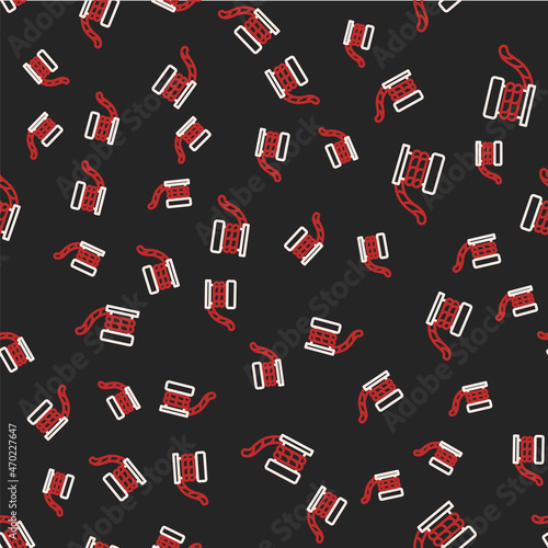 Line Marine bollard with rope tied on pier icon isolated seamless pattern on black background. Vector