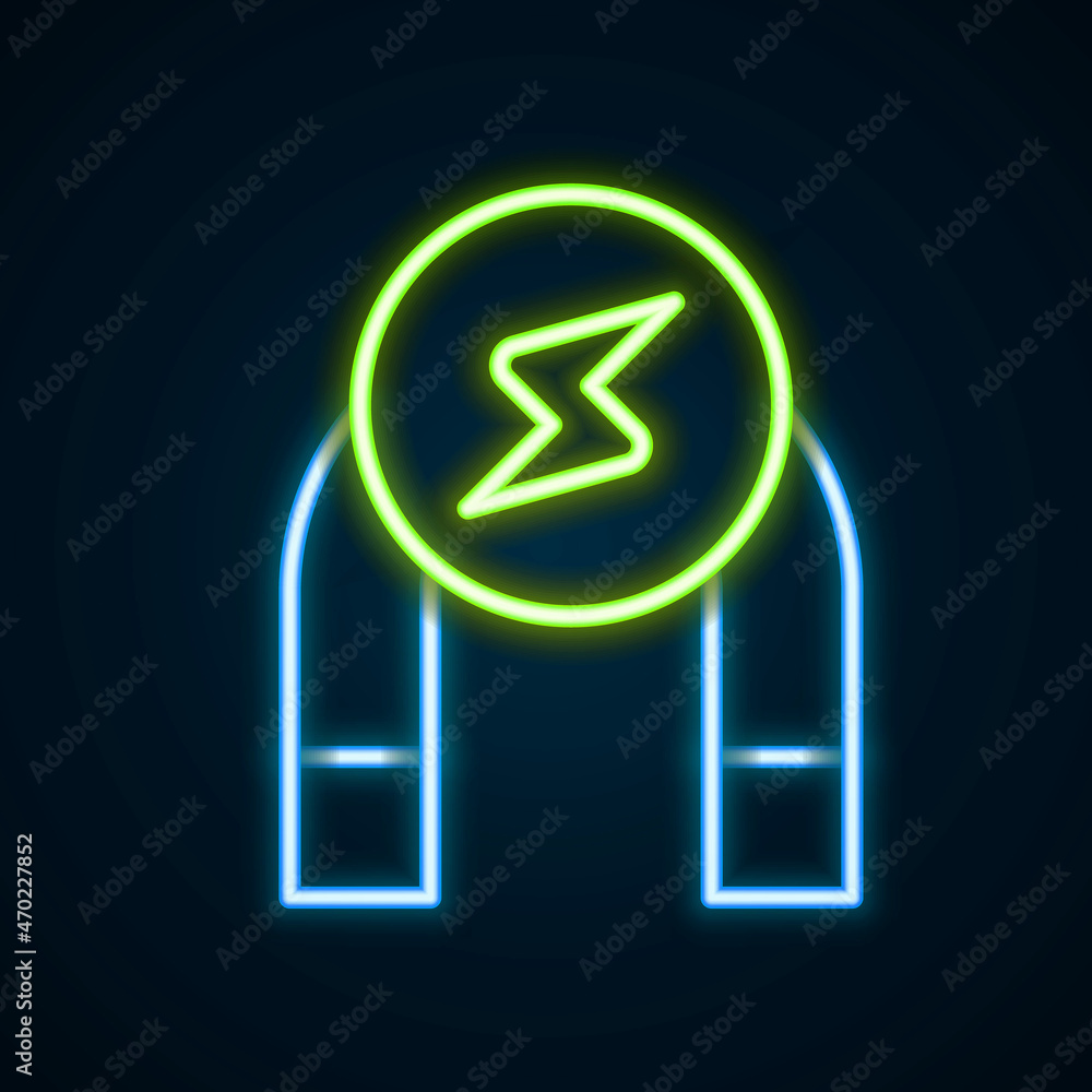 Glowing neon line Magnet icon isolated on black background. Horseshoe magnet, magnetism, magnetize, attraction. Colorful outline concept. Vector Glowing neon line Magnet icon isolated on black background. Horseshoe magnet, magnetism, magnetize, attraction. Colorful outline concept. Vector