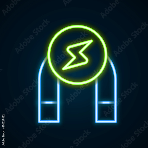 Glowing neon line Magnet icon isolated on black background. Horseshoe magnet, magnetism, magnetize, attraction. Colorful outline concept. Vector