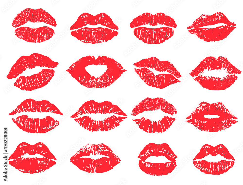 Beautiful red lip imprint set. Isolated on white. Women s lips lipstick kiss print set for valentine day and love illustration Beautiful red lip imprint set. Isolated on white. Women s lips lipstick kiss print set for valentine day and love illustration