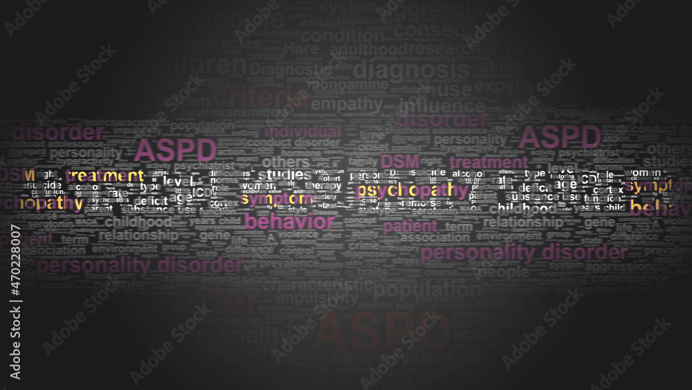Antisocial personality disorder - essential terms related to it arranged in a 2-color word cloud poster. Reveals related primary and peripheral concepts, 3d illustration Antisocial personality disorder - essential terms related to it arranged in a 2-color word cloud poster. Reveals related primary and peripheral concepts, 3d illustration