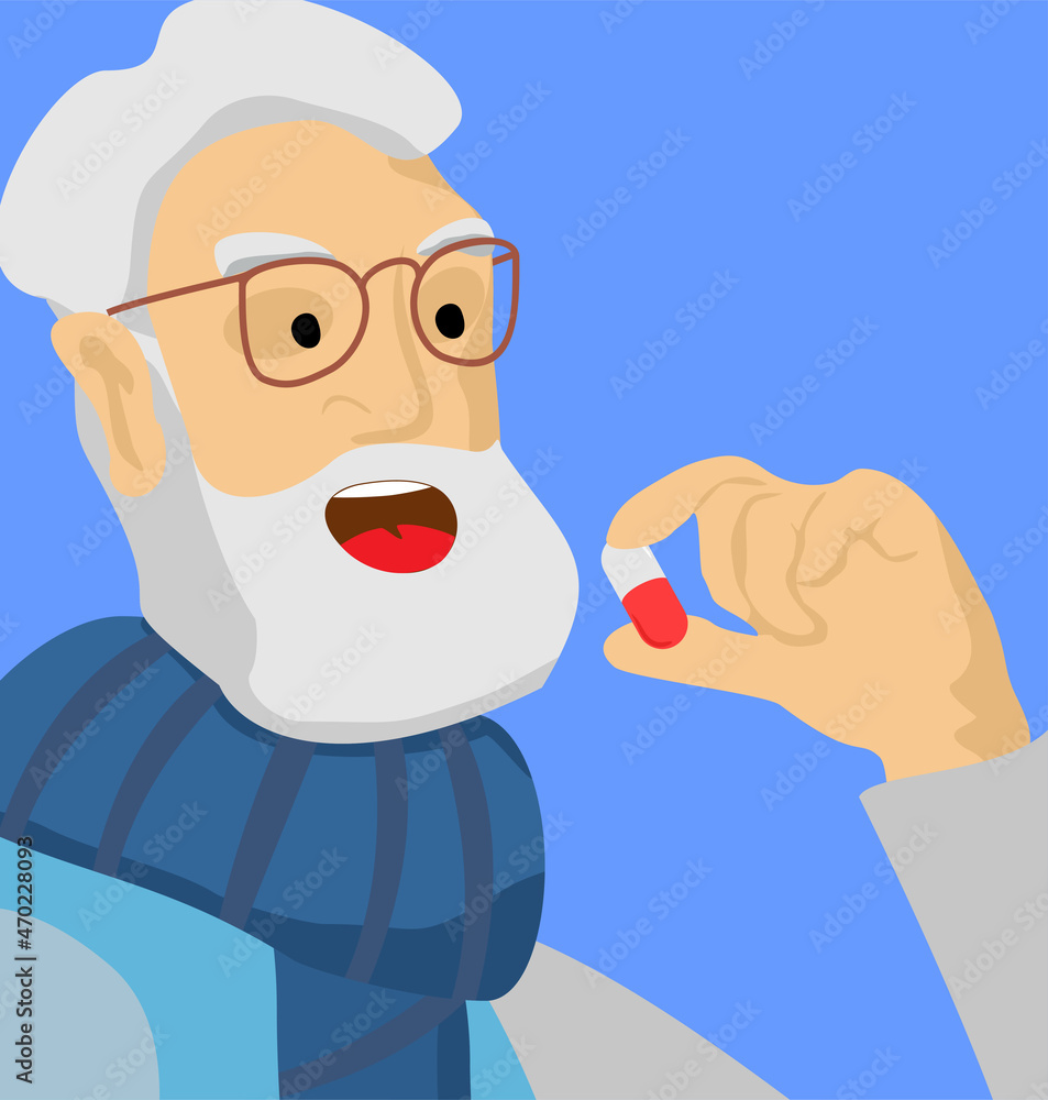 An elderly man got sick. Old man eating pill for health. Disease treatment. Drug and vitamin, care for person. Vector illustration
