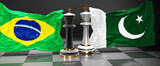 Brazil Pakistan summit, meeting or aliance between those two countries that aims at solving political issues, symbolized by a chess game with national flags, 3d illustration