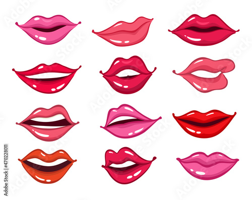 Colorful female lips set on white background. Comic female lips. Comic female lips in cartoon style, smile and sensual lips, kiss illustration isolated on white