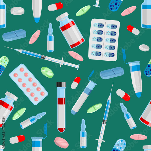Seamless pattern with vector Medical Icons in flat style. Pills, Ampoules, syringes and capsules in different colors, shapes and sizes, isolated elements. Seamless background, pattern