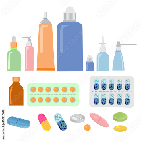 Various meds. Pills, capsules blisters, glass bottles with liquid medicine and plastic tubes with caps. Drug medication and supplements collection. Flat style vector object illustration