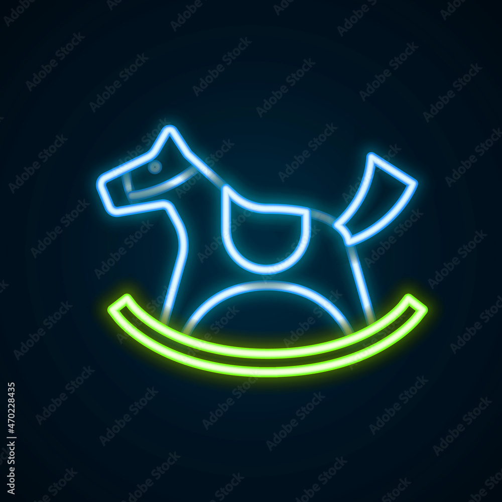 Glowing neon line Wooden horse in saddle swing for little children icon isolated on black background. Colorful outline concept. Vector Glowing neon line Wooden horse in saddle swing for little children icon isolated on black background. Colorful outline concept. Vector