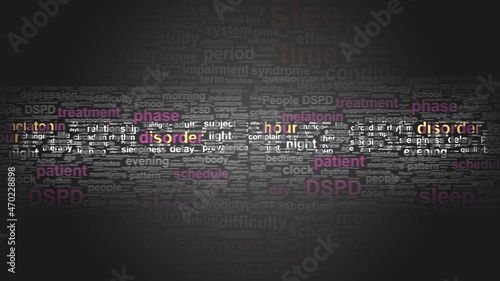 Delayed sleep phase disorder - essential terms related to it arranged in a 2-color word cloud poster. Reveals related primary and peripheral concepts, 3d illustration