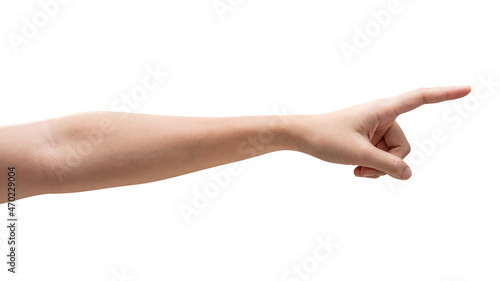 Woman hand touching or pointing to something isolated on white background.