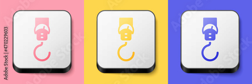 Isometric Spring scale icon isolated on pink, yellow and blue background. Balance for weighing. Determination of weight. Square button. Vector