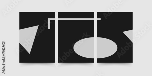Abstract minimalistic geometric wall decoration. Geometry shapes - rectangle, triangle, and ellipse on black background. Minimal wall art decoration, poster, print art, modular picture. Vector