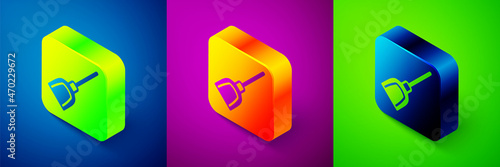 Isometric Dustpan icon isolated on blue, purple and green background. Cleaning scoop services. Square button. Vector