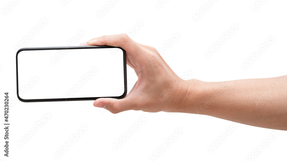 Woman hand holding phone isolated on white background. Woman hand holding phone isolated on white background.
