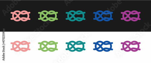 Set Nautical rope knots icon isolated on black and white background. Rope tied in a knot. Vector