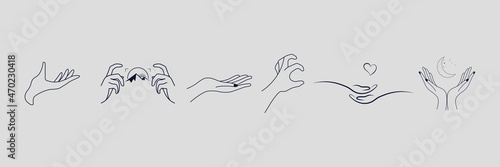 A set of Woman's hand icon collections in a minimal linear style. Vector logo design Templates with different hand gestures, Crystal. For cosmetics, beauty, tattoo, Spa, feminine, jewelry store.
