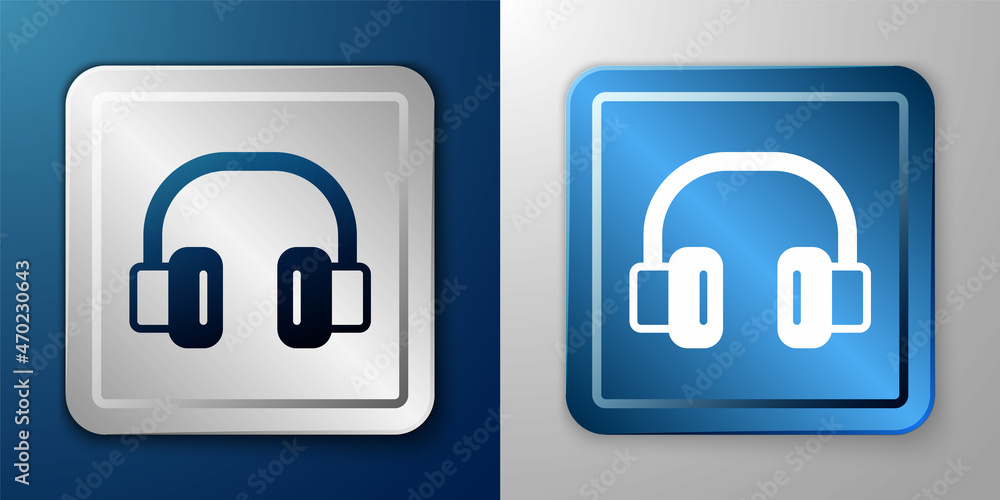 White Headphones icon isolated on blue and grey background. Earphones. Concept for listening to music, service, communication and operator. Silver and blue square button. Vector