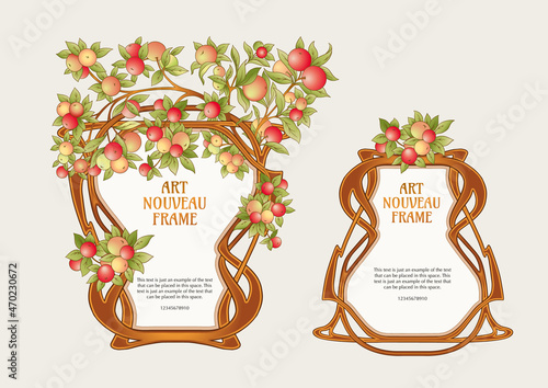 Apples on branches Template for product label, cosmetic packaging. Easy to edit. Vector illustration. In art nouveau style, vintage, old, retro style.