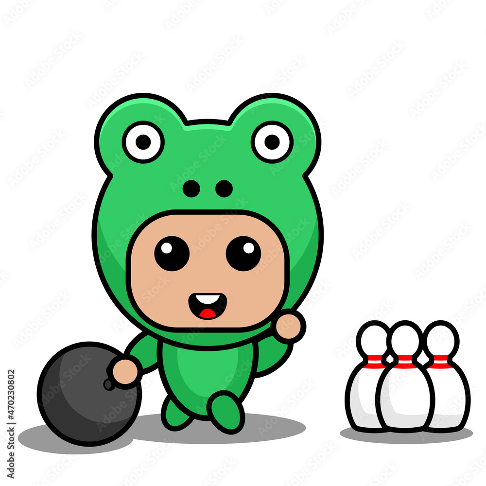 Obraz premium Vector cartoon character Mascot Costume amphibious animal cute frog playing bowling