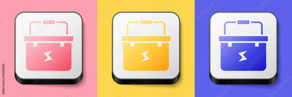 Isometric Toolbox electrician icon isolated on pink, yellow and blue background. Square button. Vector Isometric Toolbox electrician icon isolated on pink, yellow and blue background. Square button. Vector