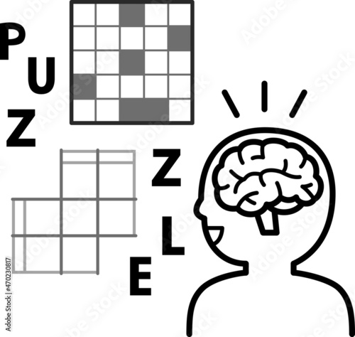 クロスワードパズル、推理パズルと脳のイメージ