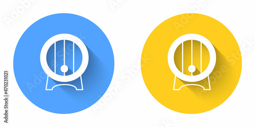 White Wooden barrel on rack with stopcock icon isolated with long shadow background. Circle button. Vector