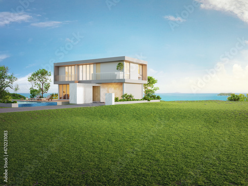 Luxury beach house with sea view swimming pool and big garden in modern design. Empty green grass lawn at vacation home. 3d illustration of contemporary holiday villa exterior.