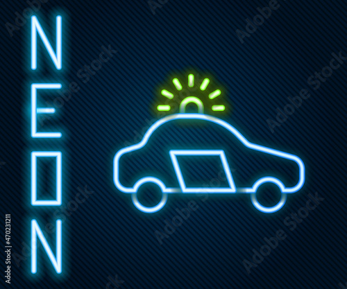 Glowing neon line Police car and police flasher icon isolated on black background. Emergency flashing siren. Colorful outline concept. Vector