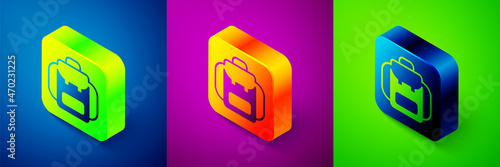Isometric Hiking backpack icon isolated on blue, purple and green background. Camping and mountain exploring backpack. Square button. Vector