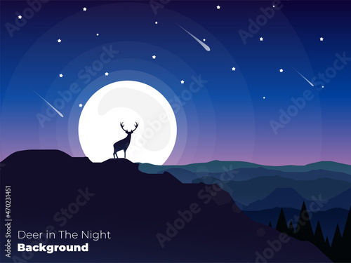 illustration of deer in the night day with big moon and stars in the sky, very suitable for for background