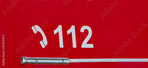 Fire brigade emergency telephone number 112 pictogram, telephone receiver, emergency number in Europe.