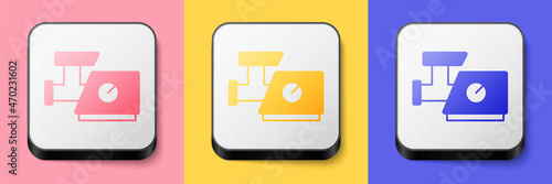 Isometric Kitchen meat grinder icon isolated on pink, yellow and blue background. Square button. Vector