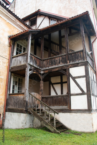 Lielstraupe castle, Latvia, Baltic states, residence of the vassal of the Riga archbishop. One of the entrances, a wooden staircase. One of the medieval castles in Latvia, preserved to this day.