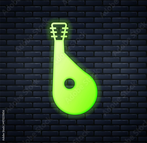 Glowing neon Ukrainian traditional musical instrument bandura icon isolated on brick wall background. Vector