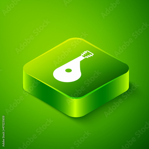 Isometric Ukrainian traditional musical instrument bandura icon isolated on green background. Green square button. Vector