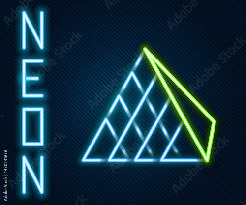 Glowing neon line Louvre glass pyramid icon isolated on black background. Louvre museum. Colorful outline concept. Vector