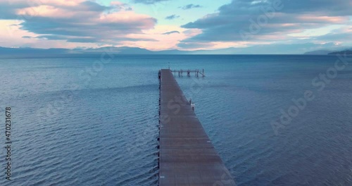 Aerial over a pier onto Lake Tahoe