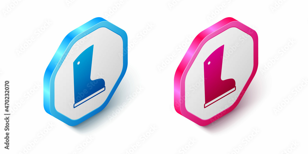 Isometric Waterproof rubber boot icon isolated on white background. Gumboots for rainy weather, fishing, gardening. Hexagon button. Vector Isometric Waterproof rubber boot icon isolated on white background. Gumboots for rainy weather, fishing, gardening. Hexagon button. Vector