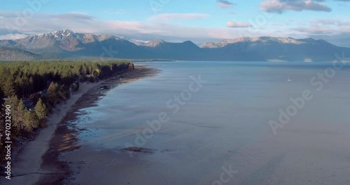 Aerial over a pier onto Lake Tahoe