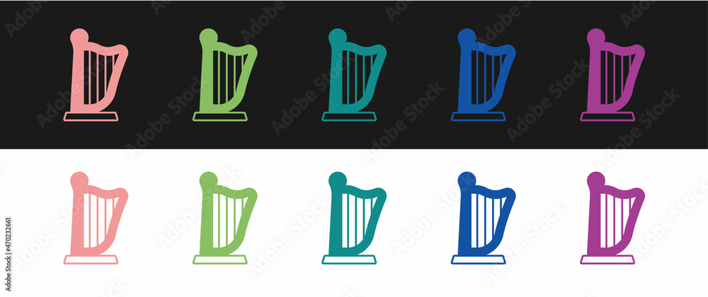 Set Harp icon isolated on black and white background. Classical music instrument, orhestra string acoustic element. Vector Set Harp icon isolated on black and white background. Classical music instrument, orhestra string acoustic element. Vector