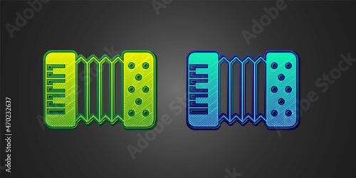 Green and blue Musical instrument accordion icon isolated on black background. Classical bayan, harmonic. Vector