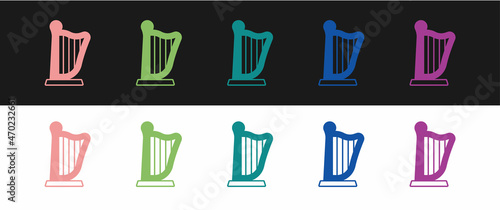 Set Harp icon isolated on black and white background. Classical music instrument, orhestra string acoustic element. Vector