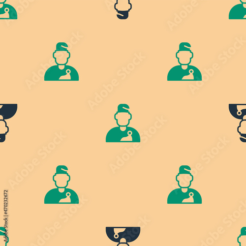 Green and black Wizard warlock icon isolated seamless pattern on beige background. Vector