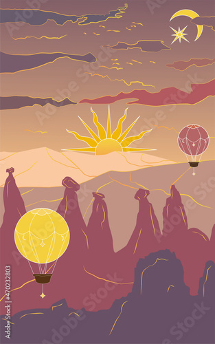 Cappadocia hot air balloon flight on sunrise. Travel to Turkey. Retro poster, vintage banner. Hand drawing flat vector illustration .Air balloon festival vector flat illustration.