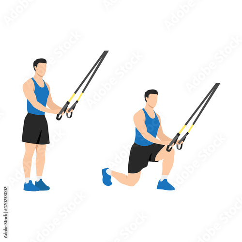 Man doing TRX Reverse lunges exercise. Flat vector illustration isolated on white background