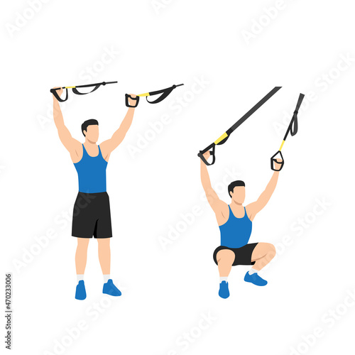 Man doing TRX Suspension straps overhead squats exercise. Flat vector illustration isolated on white background